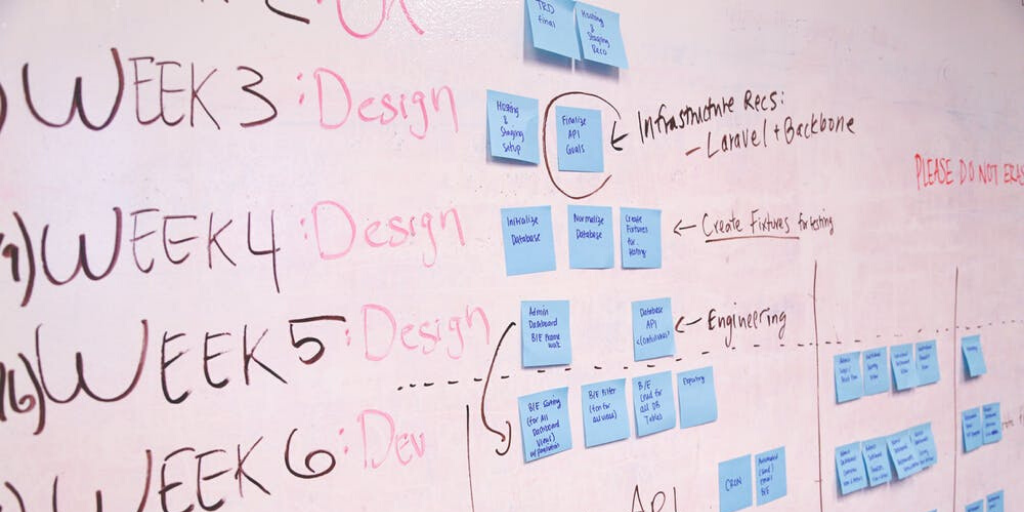 A whiteboard has a written schedule and a series of post-it notes