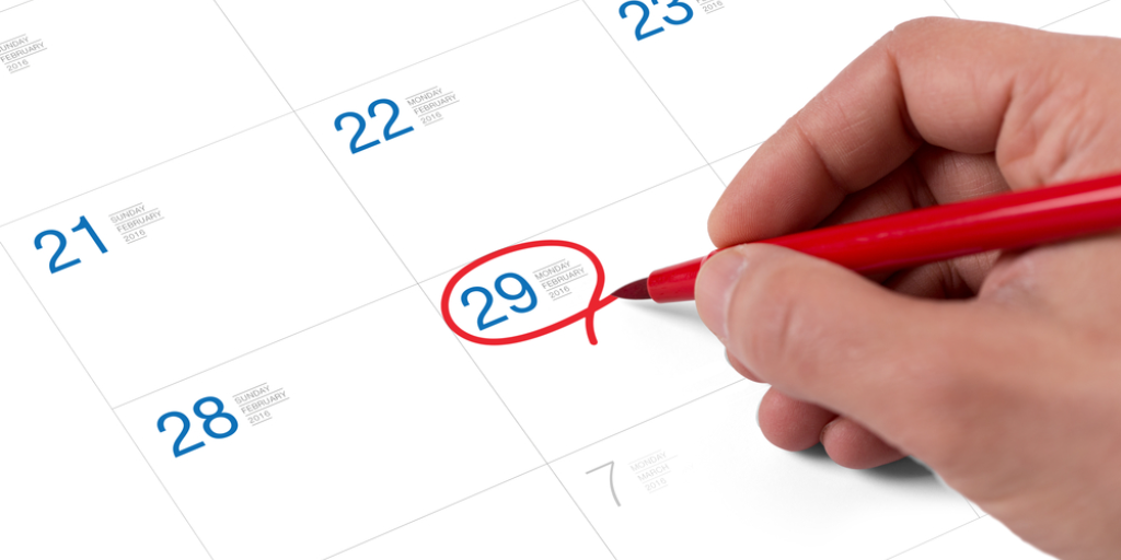 A calendar showing February 29 circled.